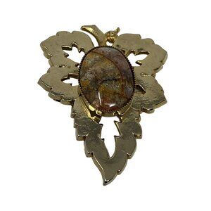 Vintage Brooch Large Grape Leaf‎ with Jasper Stone Center Gold Tone
